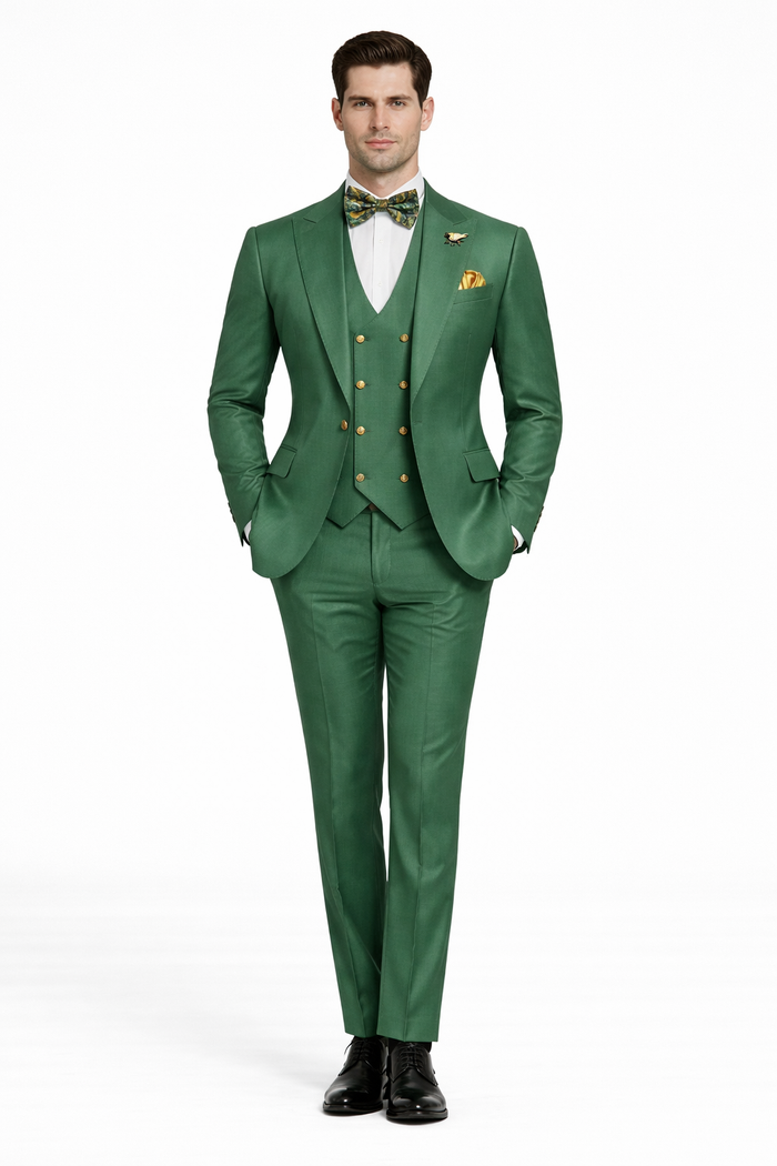 Rossiman Green Men's Slim Fit Suit Double Breast Vest Flat Front Pants