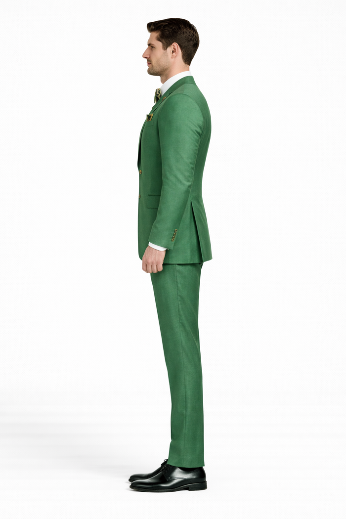 Men’s Green Slim Fit Suit by Rossiman | Stylish Double-Breasted Vest & Flat Front Pants – Italian Tailored 3-Piece Luxury Suit