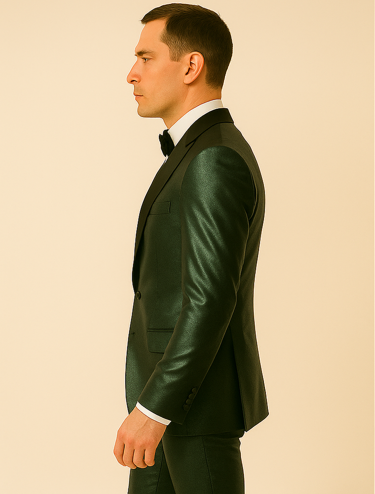 Rossiman Men’s Green Sateen Suit – Glossy Finish with Modern Flair
