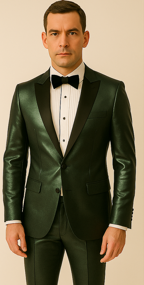 Rossiman Men’s Green Sateen Suit – Glossy Finish with Modern Flair