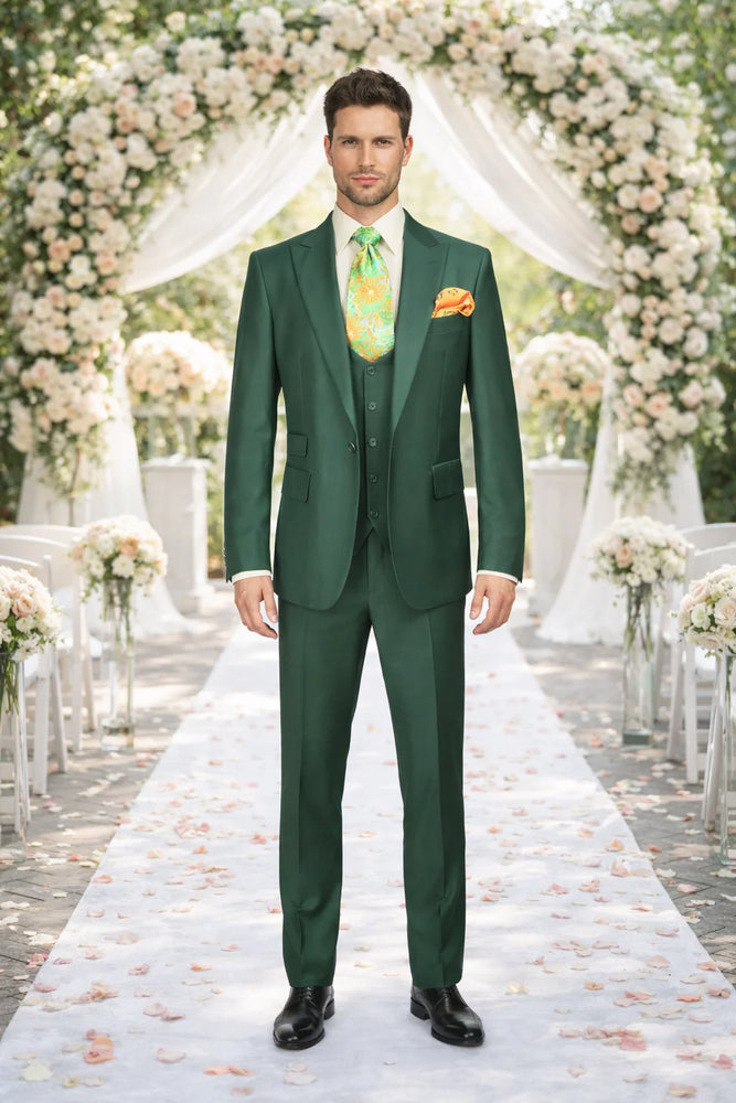 Rossiman Hunter Green Men's Slim-fit Suit Vested Flat Front Pants