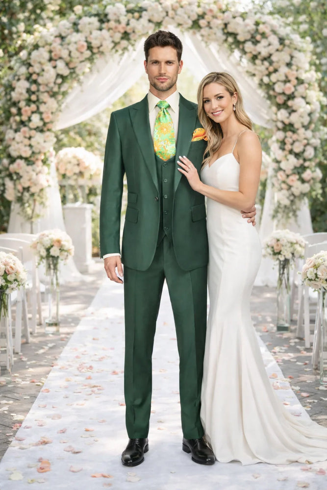 Rossiman Hunter Green Men's Slim-fit Suit Vested Flat Front Pants
