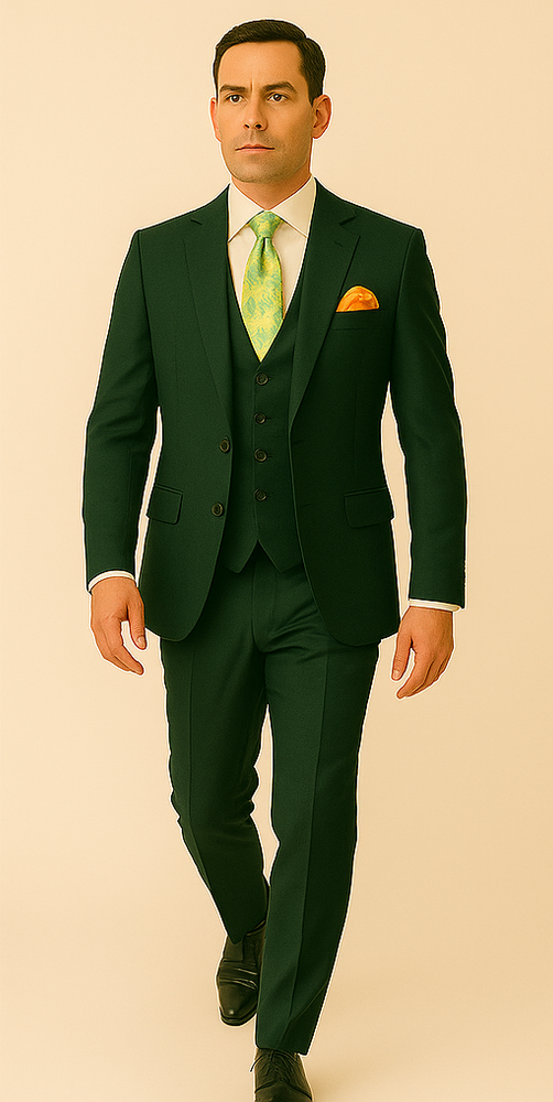 Rossiman Hunter Green Slim Fit Men's Suit – 3-Piece Vested Set with Flat Front Trousers