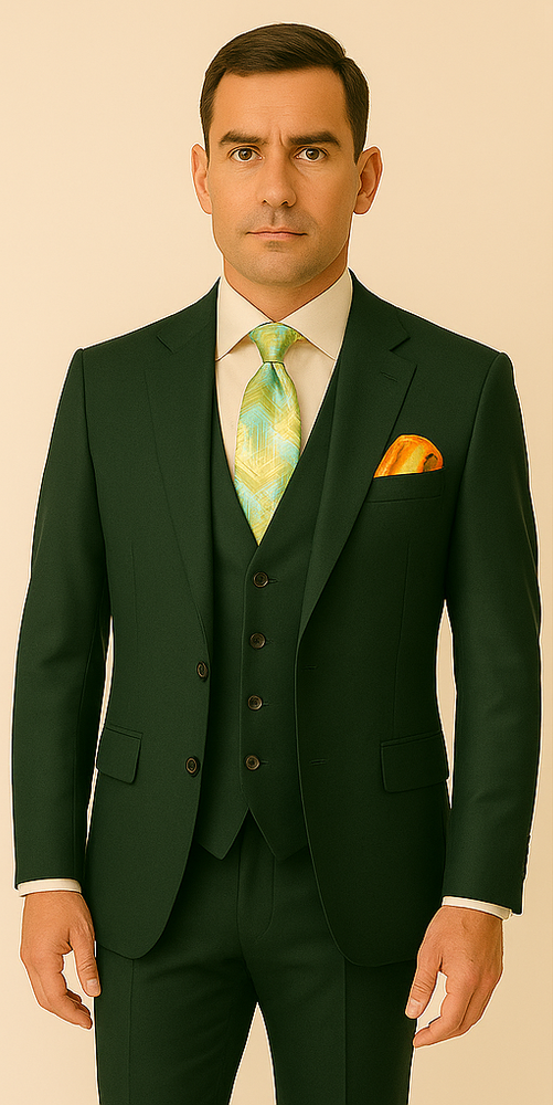 Rossiman Hunter Green Slim Fit Men's Suit – 3-Piece Vested Set with Flat Front Trousers