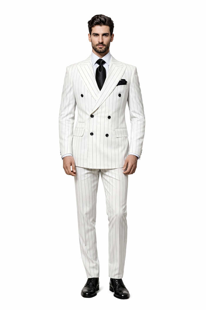 Rossiman Imperial White Double-Breasted Pinstripe Three-Piece Suit