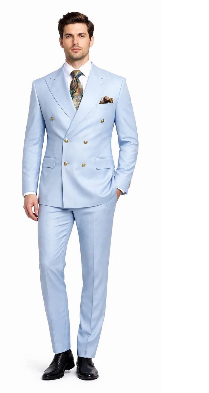 Rossiman Light Blue Men's Suit Double Breasted Slim Fit
