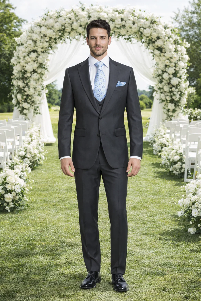 Rossiman Men’s Dark Gray Slim Fit Suit | 3-Piece Vested Set with Flat Front Pants – Italian Tailored Modern Elegance