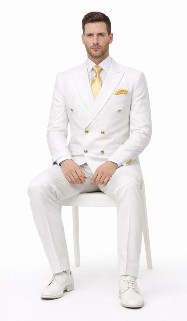 Rossiman White Men's Suit Double Breasted Slim Fit