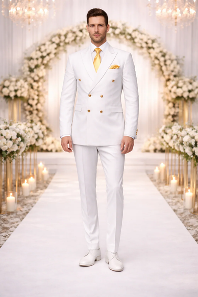 Rossiman White Men's Suit Double Breasted Slim Fit
