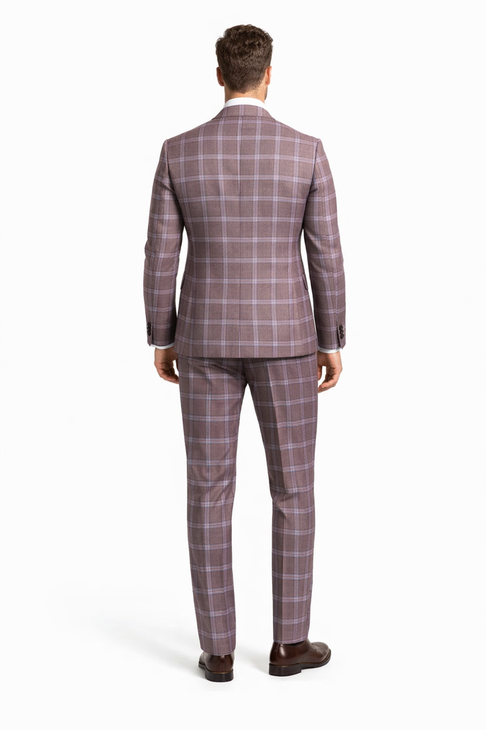 Rossiman Plaid Suit – Gray & Lavender Textured Windowpane Double-Breasted Suit