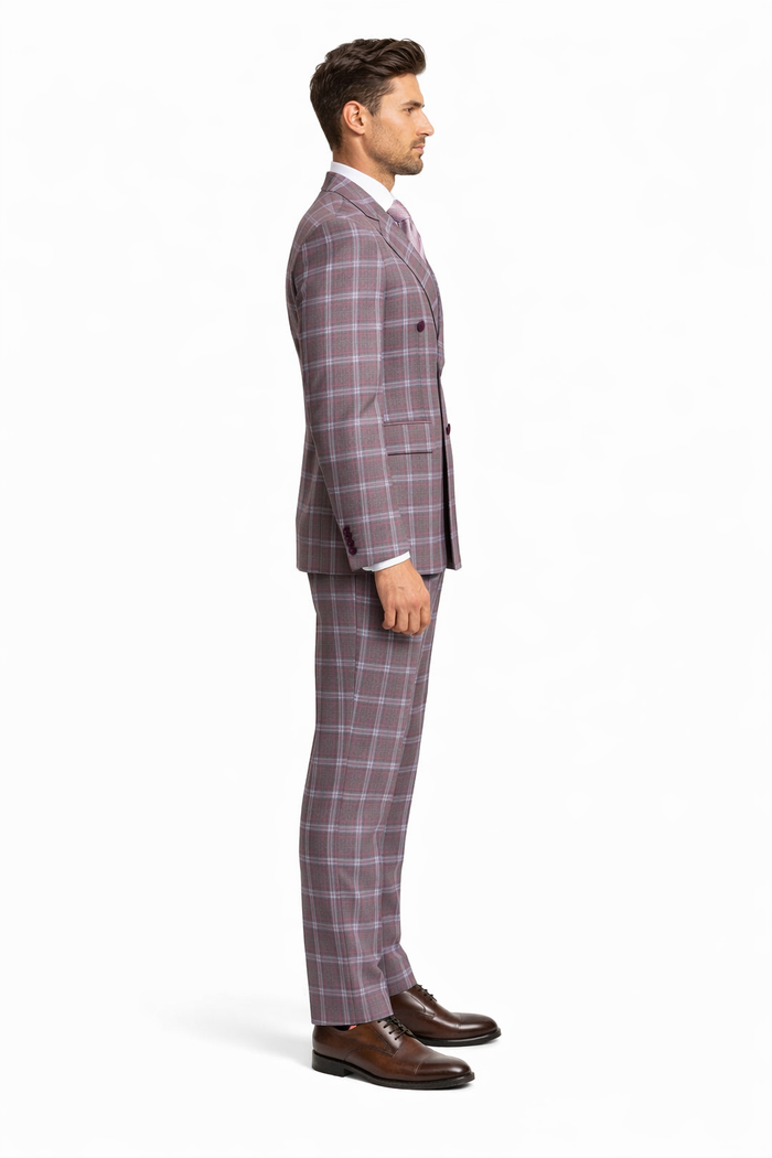 Rossiman Plaid Suit – Gray & Lavender Textured Windowpane Double-Breasted Suit