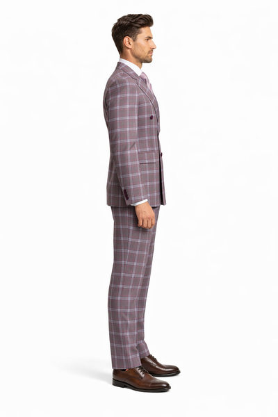 Rossiman Plaid Suit – Gray & Lavender Textured Windowpane Double-Breasted Suit