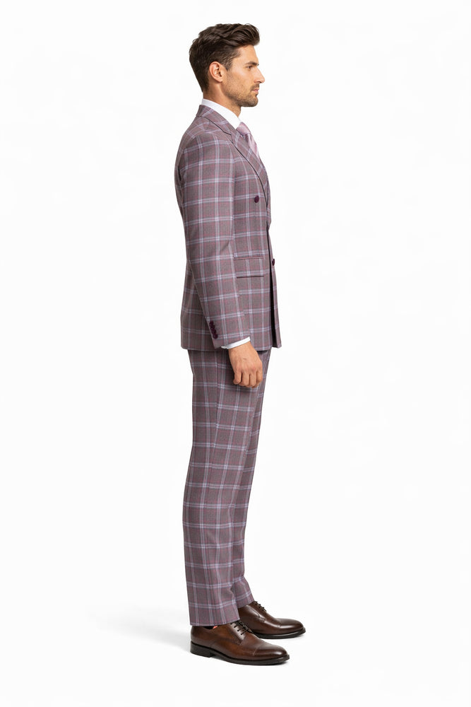 Rossiman Plaid Suit – Gray & Lavender Textured Windowpane Double-Breasted Suit
