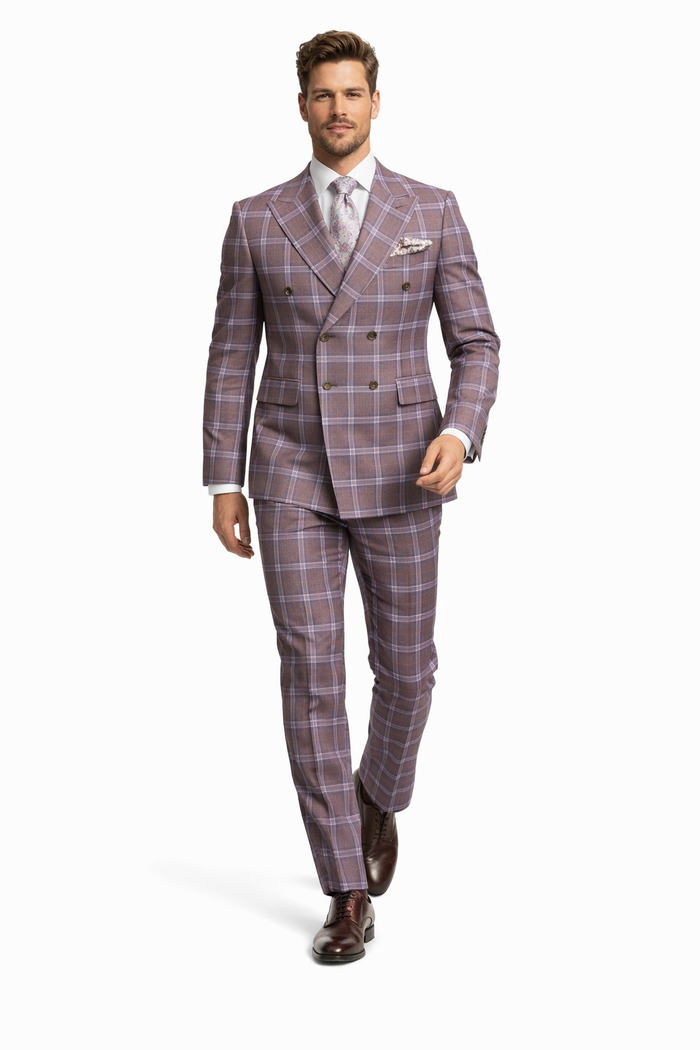 Rossiman Plaid Suit – Gray & Lavender Textured Windowpane Double-Breasted Suit