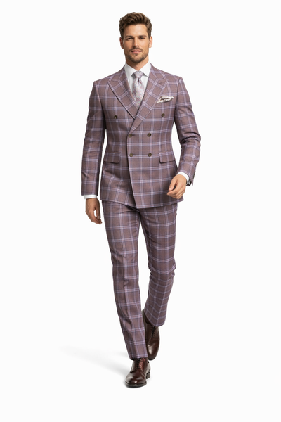 Rossiman Plaid Suit – Gray & Lavender Textured Windowpane Double-Breasted Suit