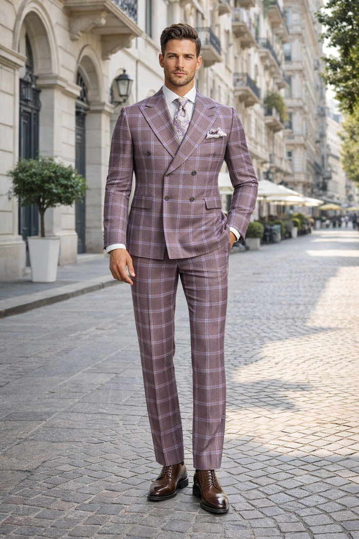 Rossiman Plaid Suit – Gray & Lavender Textured Windowpane Double-Breasted Suit