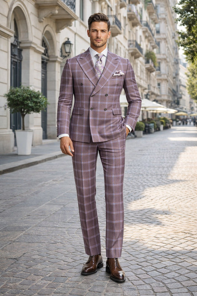 Rossiman Plaid Suit – Gray & Lavender Textured Windowpane Double-Breasted Suit