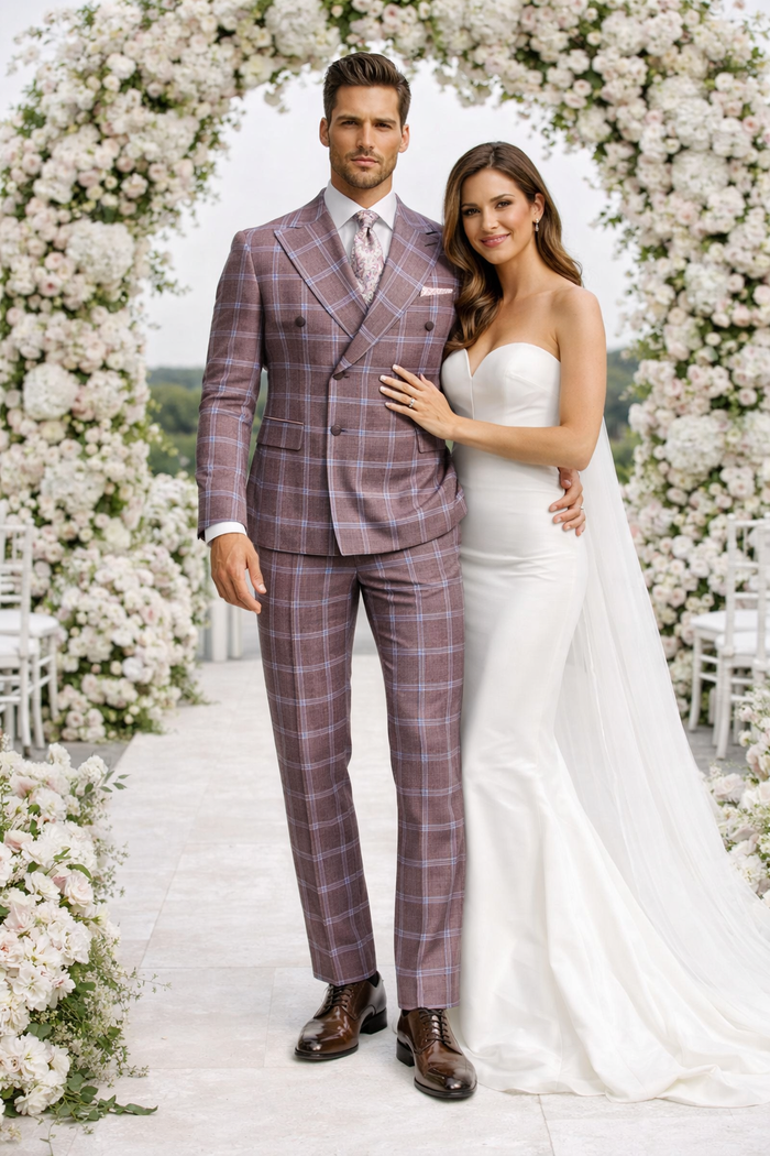 Rossiman Plaid Suit – Gray & Lavender Textured Windowpane Double-Breasted Suit