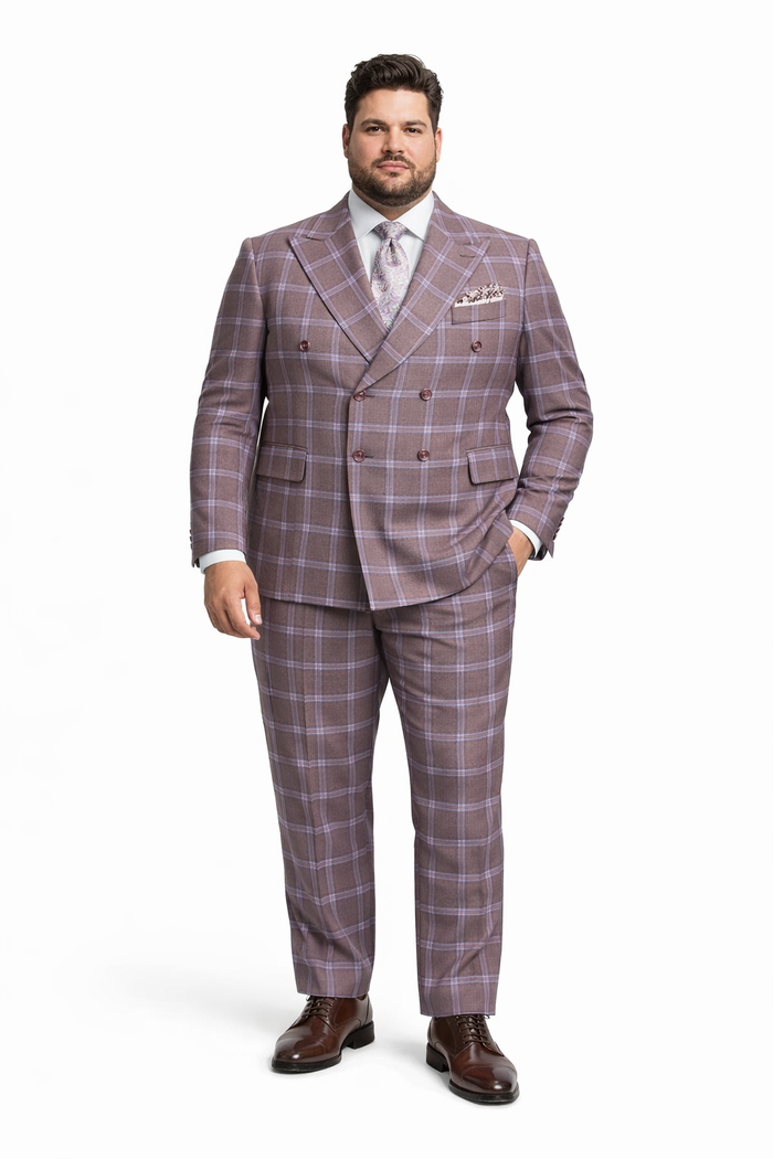 Rossiman Plaid Suit – Gray & Lavender Textured Windowpane Double-Breasted Suit