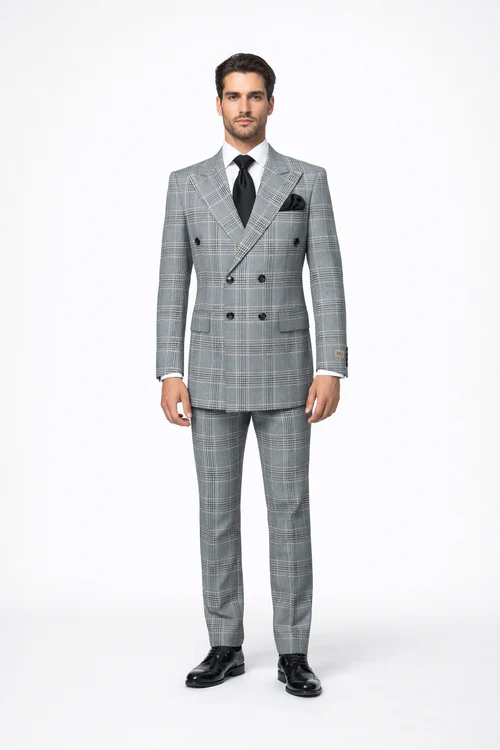 Rossiman Men’s Grey Prince of Wales Check Suit – Glen Plaid Double-Breasted Two-Piece