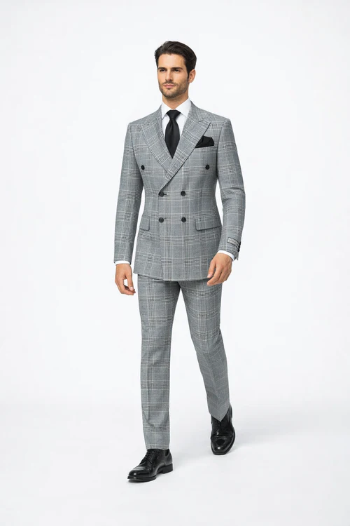 Grey Prince of Wales Check Suit – Rossiman Glen Plaid Double-Breasted Two-Piece for Men