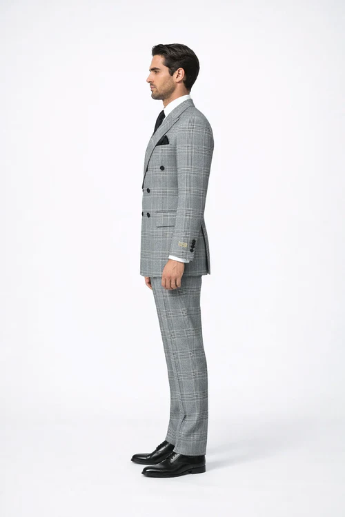 Grey Prince of Wales Check Suit – Rossiman Glen Plaid Double-Breasted Two-Piece for Men