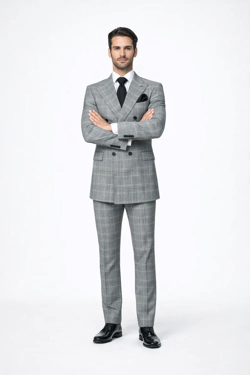 Grey Prince of Wales Check Suit – Rossiman Glen Plaid Double-Breasted Two-Piece for Men