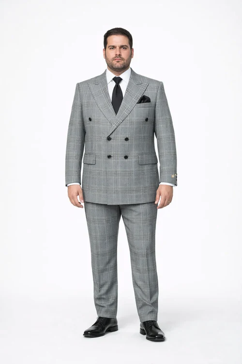 Grey Prince of Wales Check Suit – Rossiman Glen Plaid Double-Breasted Two-Piece for Men