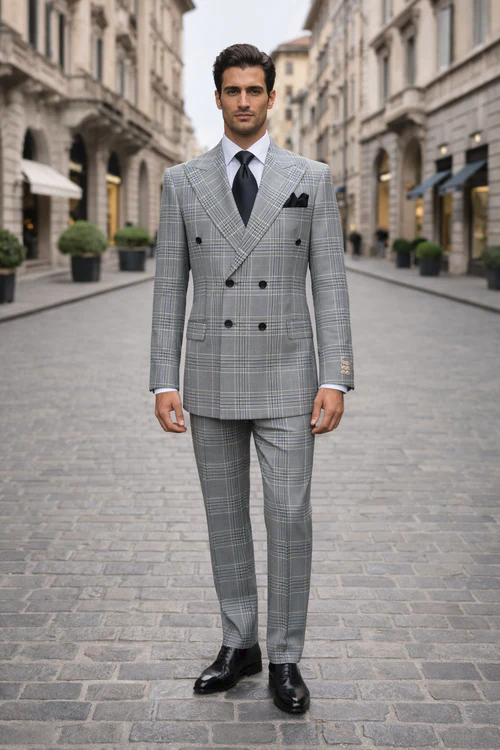 Grey Prince of Wales Check Suit – Rossiman Glen Plaid Double-Breasted Two-Piece for Men