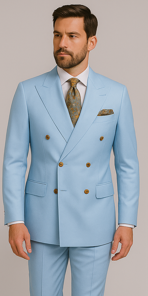 Rossiman Men’s Light Blue Slim Fit Suit – Elegant Double-Breasted Design