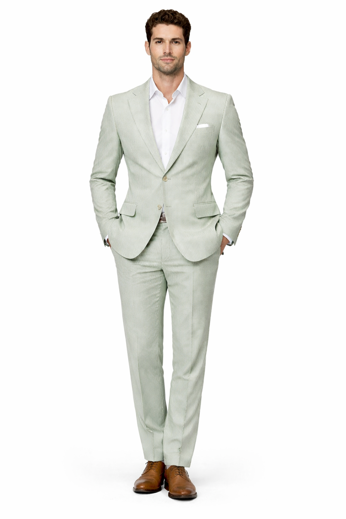Seersucker Suit Peak Lapel Suit in Color "Light Green" - Summer Fabric Tone on Tone Shadow Stripe By Rossiman