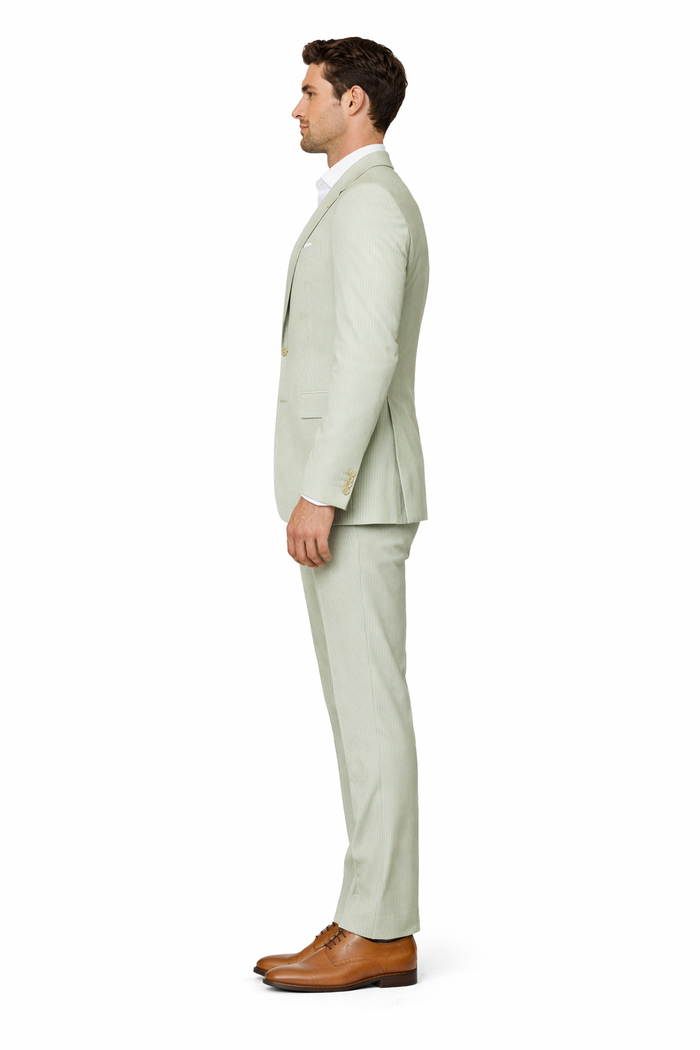 Seersucker Suit Peak Lapel Suit in Color "Light Green" - Summer Fabric Tone on Tone Shadow Stripe By Rossiman