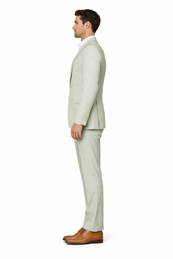 Seersucker Suit Peak Lapel Suit in Color "Light Green" - Summer Fabric Tone on Tone Shadow Stripe By Rossiman