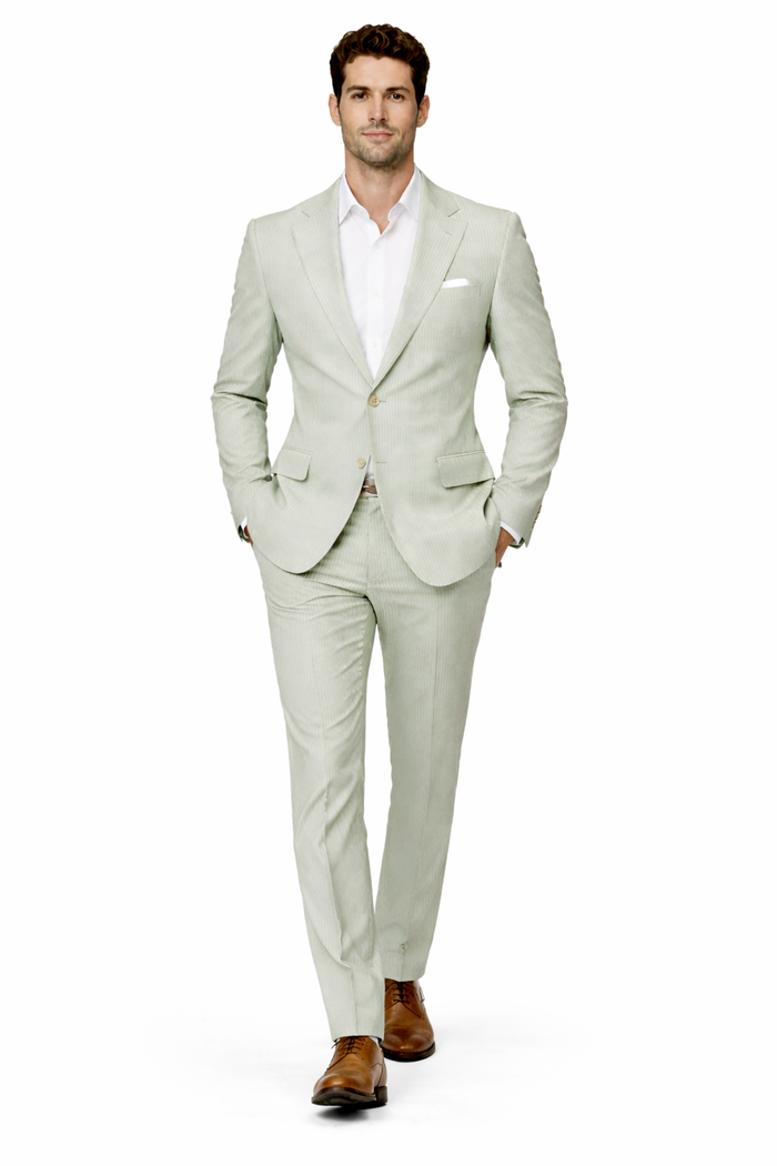 Rossiman Men’s Light Green Seersucker Suit – Peak Lapel Summer Formalwear