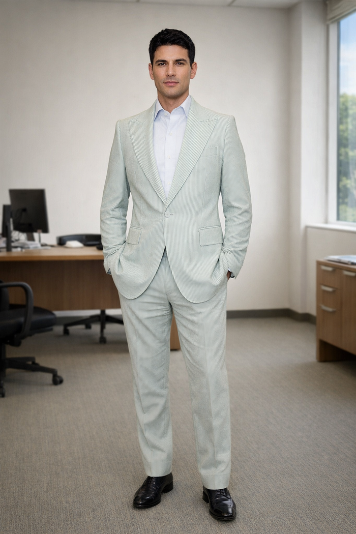 Rossiman Men’s Light Green Seersucker Suit – Peak Lapel Summer Formalwear
