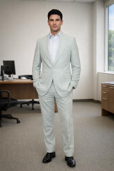 Seersucker Suit Peak Lapel Suit in Color "Light Green" - Summer Fabric Tone on Tone Shadow Stripe By Rossiman