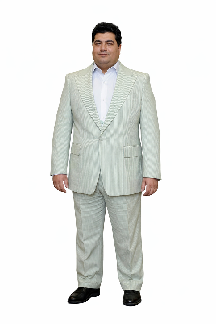 Rossiman Men’s Light Green Seersucker Suit – Peak Lapel Summer Formalwear