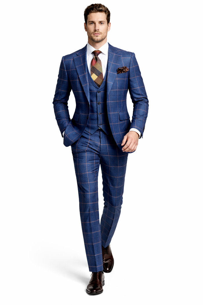 Rossiman Men’s Navy & Gray Plaid Double-Breasted Suit –  Two-Piece Formalwear