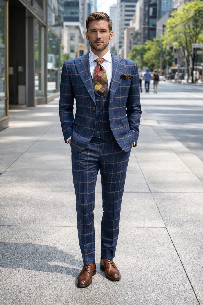 Rossiman Men’s Navy & Gray Plaid Double-Breasted Suit –  Two-Piece Formalwear