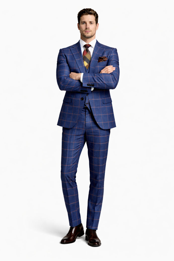 Rossiman Men’s Navy & Gray Plaid Double-Breasted Suit –  Two-Piece Formalwear