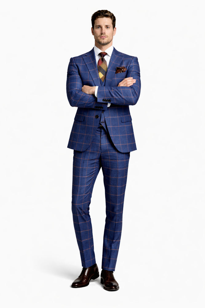 Rossiman Men’s Navy & Gray Plaid Double-Breasted Suit –  Two-Piece Formalwear