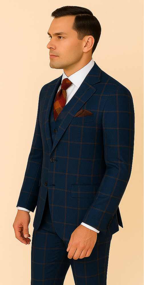 Rossiman Men’s Navy & Gray Plaid Suit – Classic Windowpane Double-Breasted Design