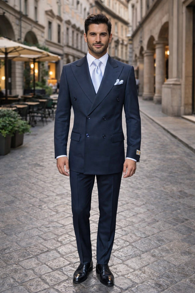 Rossiman Men’s Navy Wool Suit – Classic Fit with Baggy Pleated Wide-Leg Trousers