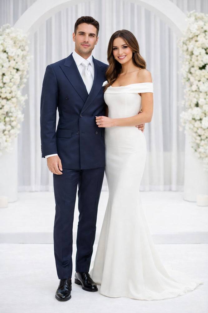Rossiman Men’s Navy Wool Suit – Classic Fit with Baggy Pleated Wide-Leg Trousers