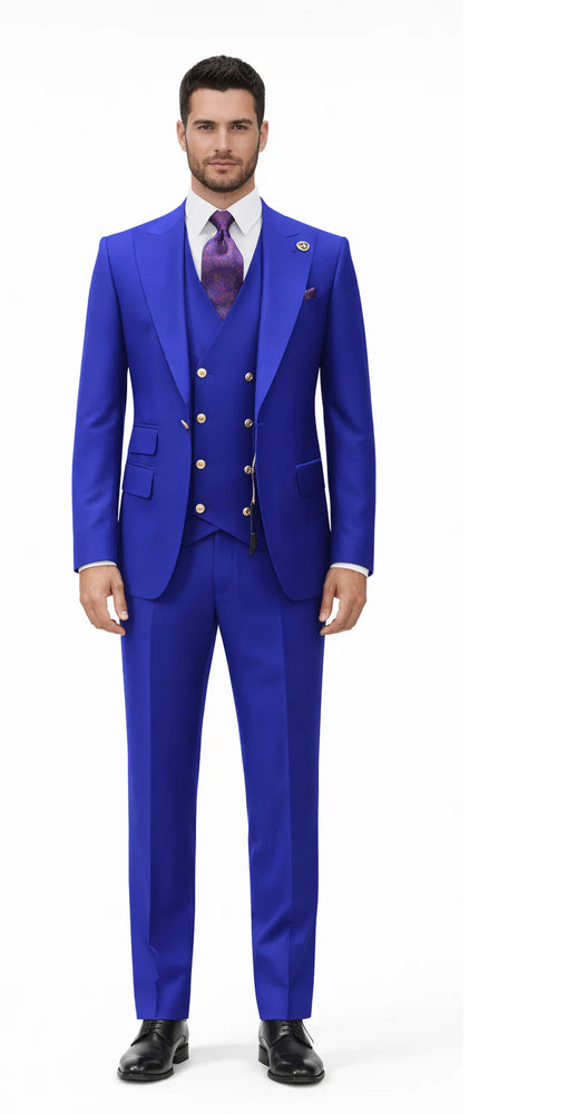 Rossiman Brand Royal Blue Suits - 1 Button Suit Peak Lapel Double Breasted Vest
