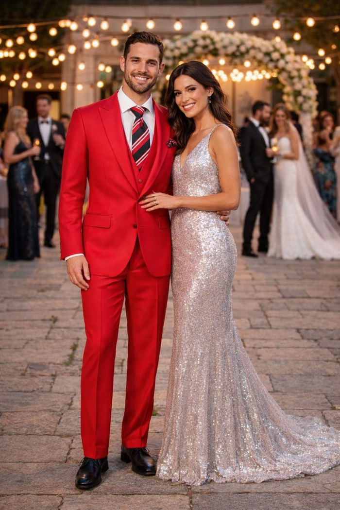 Rossiman Red Men's Suit Double Breasted Slim Fit