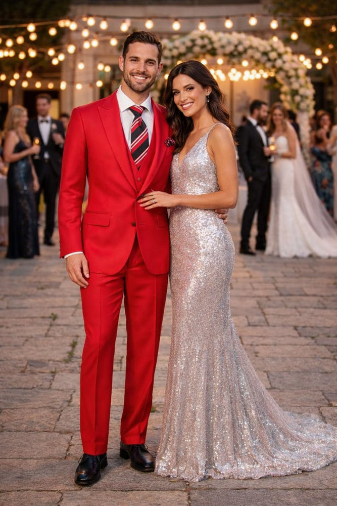 Rossiman Men’s Red Slim Fit Suit – Stylish Double-Breasted Jacket