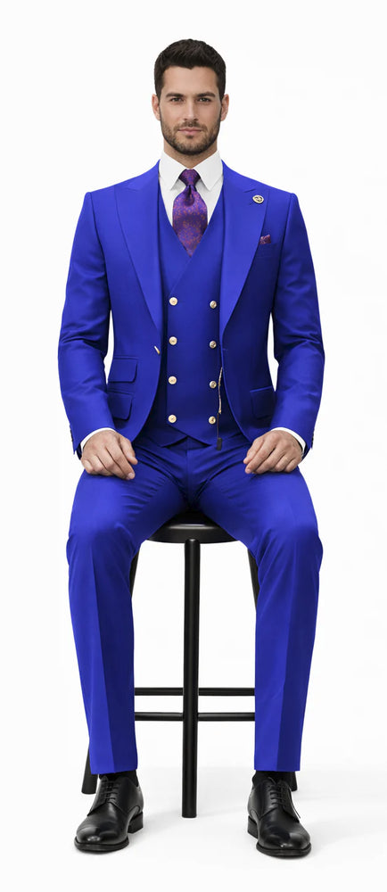 Rossiman Brand Royal Blue Suits - 1 Button Suit Peak Lapel Double Breasted Vest