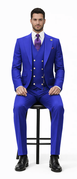 Rossiman Brand Royal Blue Suits - 1 Button Suit Peak Lapel Double Breasted Vest