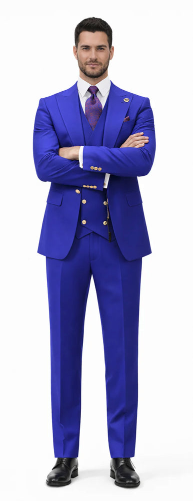 Rossiman Brand Royal Blue Suits - 1 Button Suit Peak Lapel Double Breasted Vest